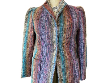 1980s jacket, nubby wool blend, rainbow striped, vintage knit blazer, puff shoulders, medium large, mohair jacket, 38 bust, 80s fashion