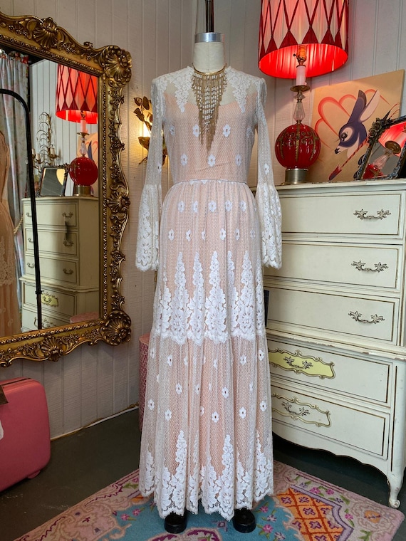 Vintage 1970s Victor Costa Lace Maxi Dress Nude Illusion Boho Wedding Bell Sleeve - Etsy Vintage 1970s Victor Costa Lace Maxi Dress Nude Illusion Boho Wedding Bell Sleeve - Etsy