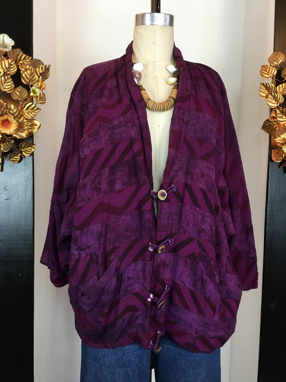 1990s batwing jacket, purple rayon jacket, batik p