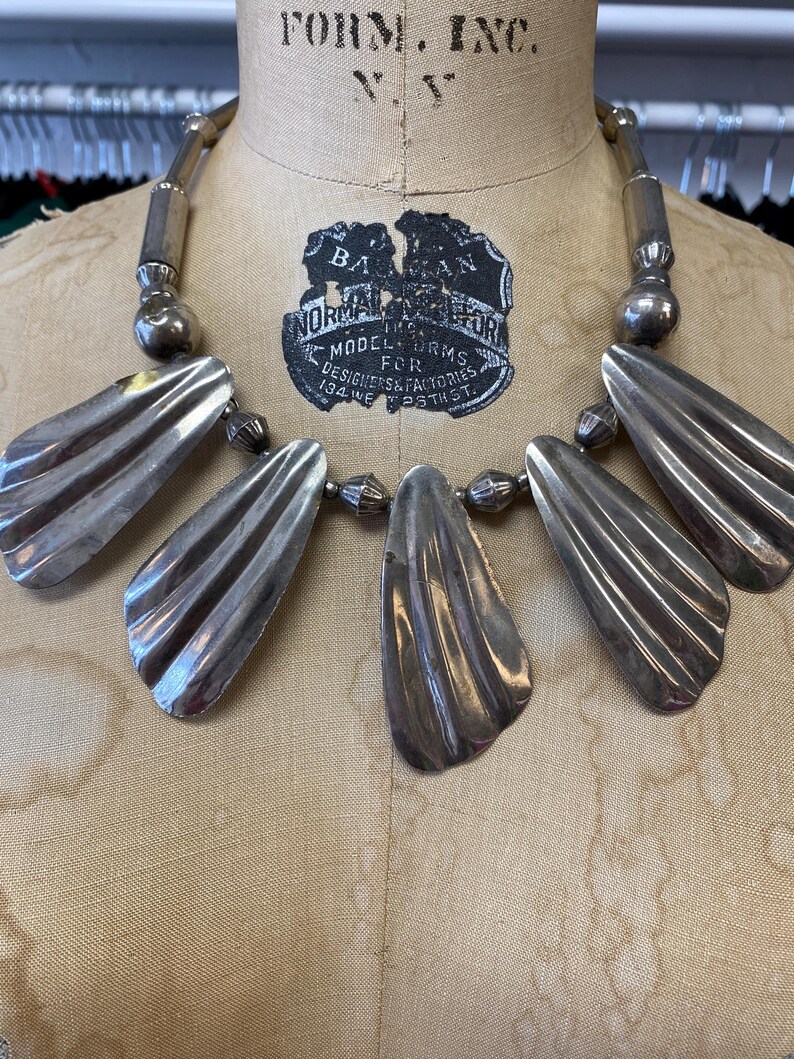 1980s bib necklace, chunky silver necklace, vintage 80s necklace, ethnic style necklace, statement necklace, 1980s jewelry image 2