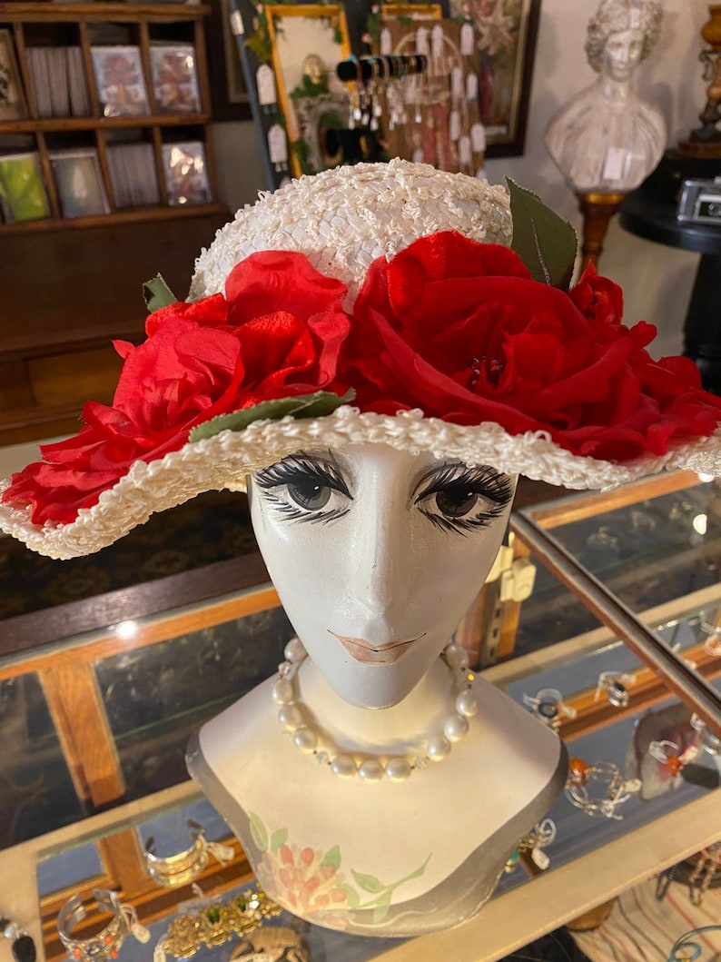 1950s summer hat, wide brim, white straw, vintage 50s hat, red roses, mid century millinery image 4