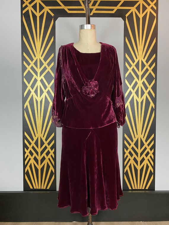 1920s dress, wine silk velvet, antique dress, fla… - image 1