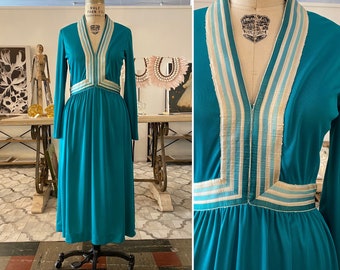 1970s victor costa dress, turquoise striped, vintage 70s dress, designer fashion, medium, long sleeve, teal ombre stripes, mod style, 29