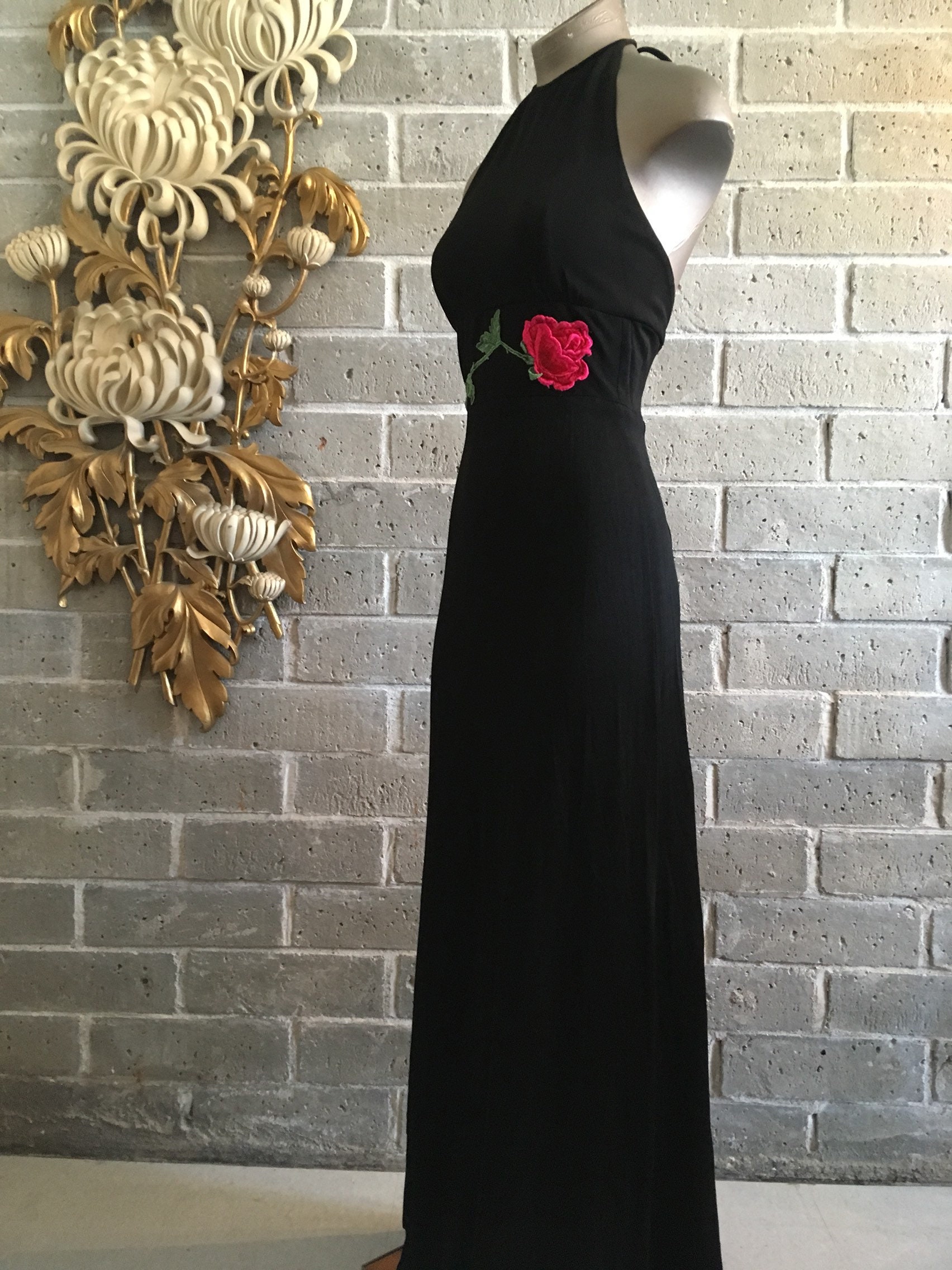 1970s maxi dress vintage halter dress Long black dress Rose | Etsy