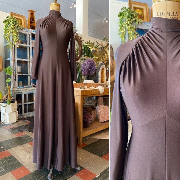 1970s maxi dress, mock neck, designer vintage, slinky chocolate brown, gathered shoulders, small, robert david morton, palm royale