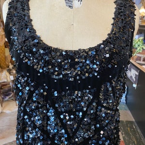 1920s sequin dress, black velvet, vintage flapper dress, size large, peaky blinders, sleeveless shift, 38 image 2