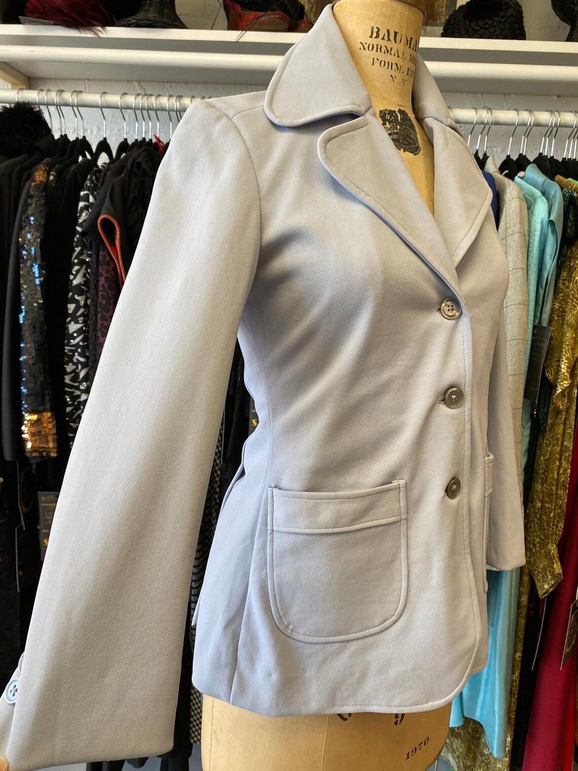 Vintage 1970s dove gray polyester jacket butterfly collar s/m 70s blazer mod 34, foto 3 di 5
