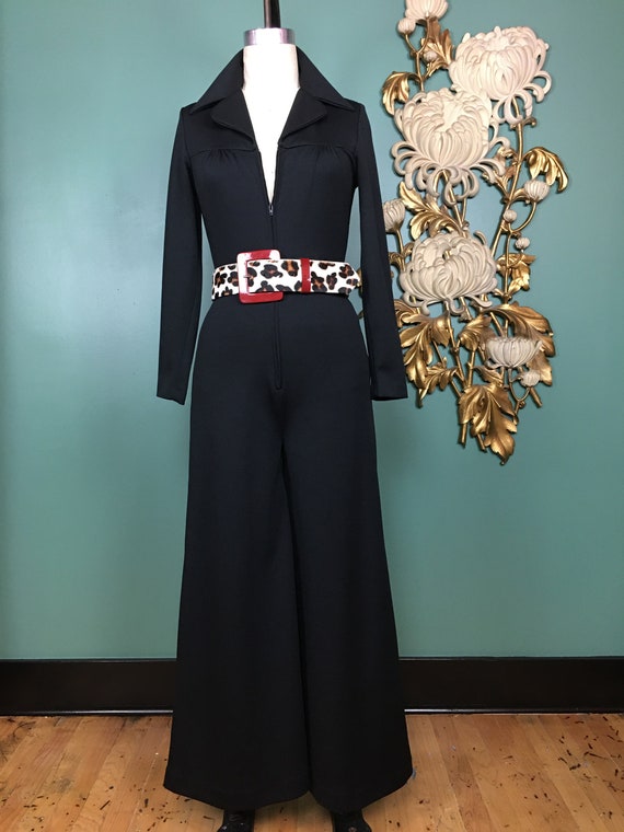 1970s jumpsuit, black polyester jumpsuit, vintage