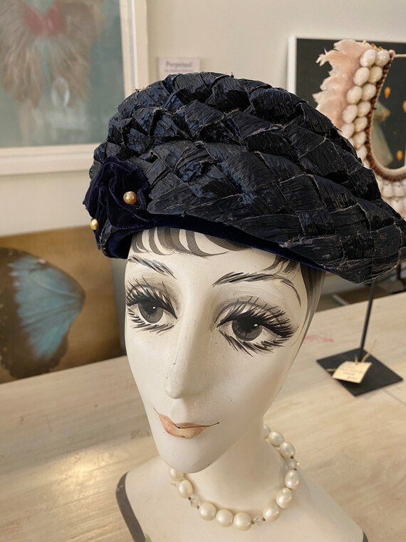 Vintage 1940s navy blue straw hat, 40s millinery … - image 7