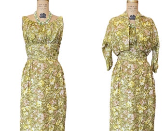 1950s dress set, yellow and green floral, vintage 50s dress, silk 2 piece, medium, mrs maisel style, rockabilly, bolero jacket, ruched, 28