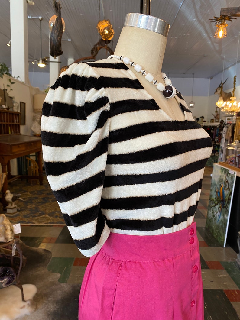 1980s top, black and white striped, vintage skirt, velour, metallic gold lurex, puff shoulders, pull over, 80s jumper, small image 4
