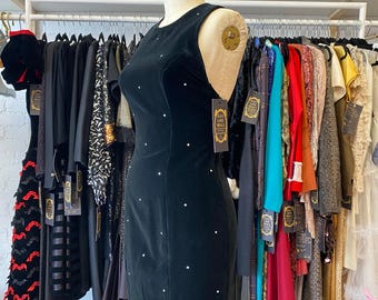 vintage 1990s black velvet dress rhinestones criss cross open back ann tobias 90s fashion cocktail formal