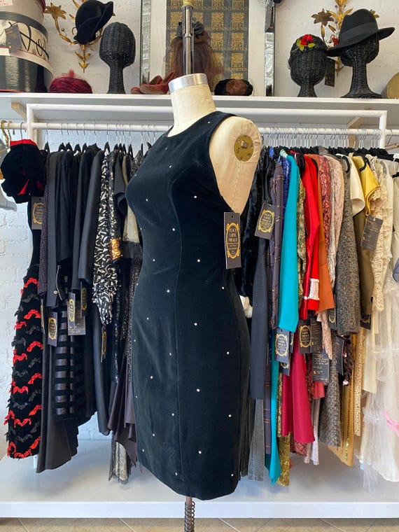 vintage 1990s Black velvet dress rhinestones criss cross open back ann tobias 90s fashion cocktail formal