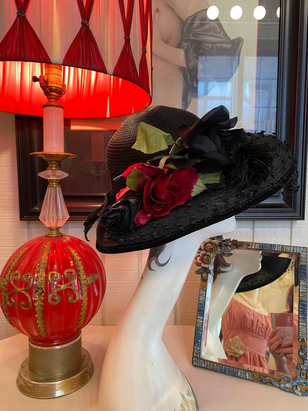 SUMPTUOUS 1940s\' BLACK STRAW WIDE BRIM HAT WITH VEILING Vintage 1940s Black Straw Wide Brim Hat With Veil and Roses  main image 3