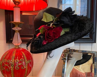 Vintage 1940s Black Straw Tilt Hat With Veil, Velvet Band  display picture 1