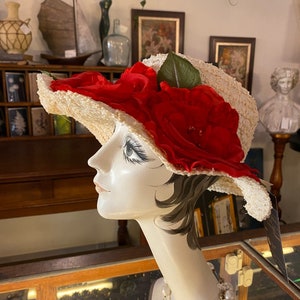 1950s summer hat, wide brim, white straw, vintage 50s hat, red roses, mid century millinery image 5