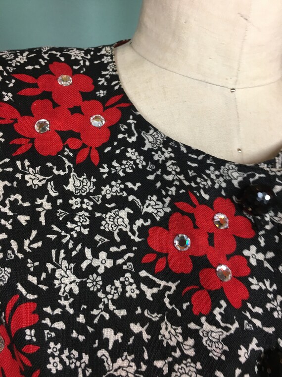 1980s linen blouse, black floral blouse, rhinesto… - image 4