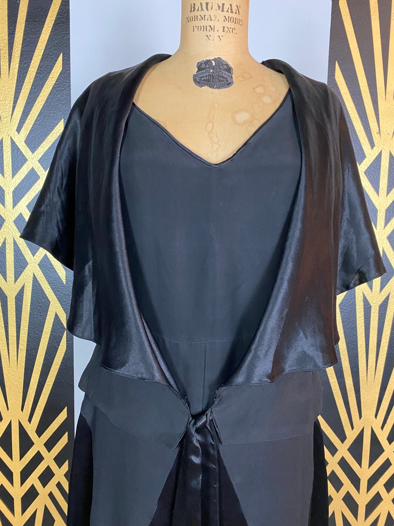 1920s 2 piece set, flapper style, dress with capelet, black rayon, anitique dress, harlequin, flutter sleeves, 1930s dress, art deco, medium image 3