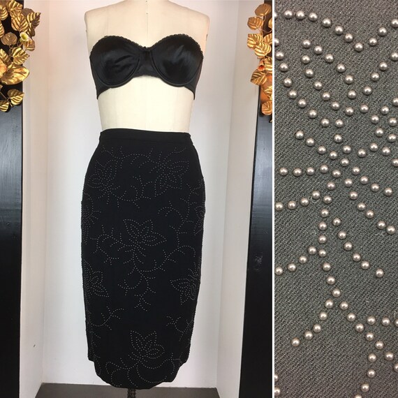 1950s pencil skirt, studded skirt, black wool skir