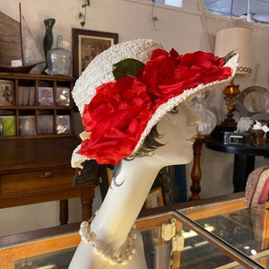 1950s summer hat, wide brim, white straw, vintage 50s hat, red roses, mid century millinery image 8