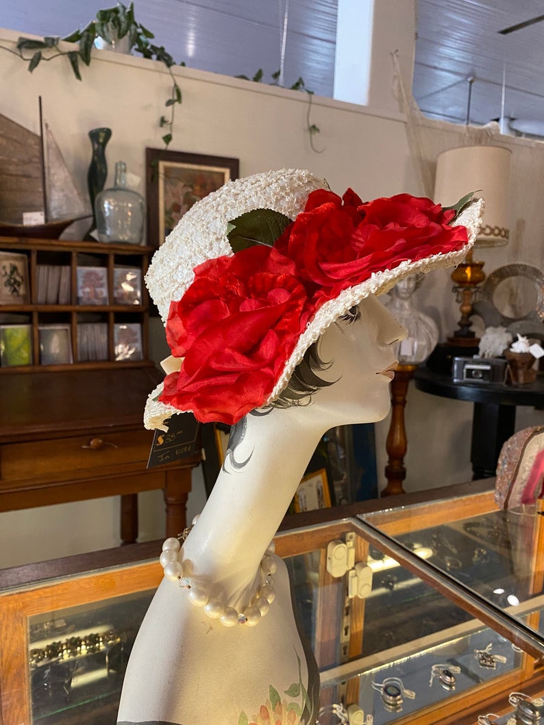 1950s summer hat, wide brim, white straw, vintage 50s hat, red roses, mid century millinery image 8