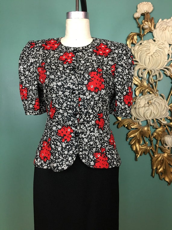 1980s linen blouse, black floral blouse, rhinesto… - image 1