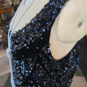 1920s sequin dress, black velvet, vintage flapper dress, size large, peaky blinders, sleeveless shift, 38 image 5