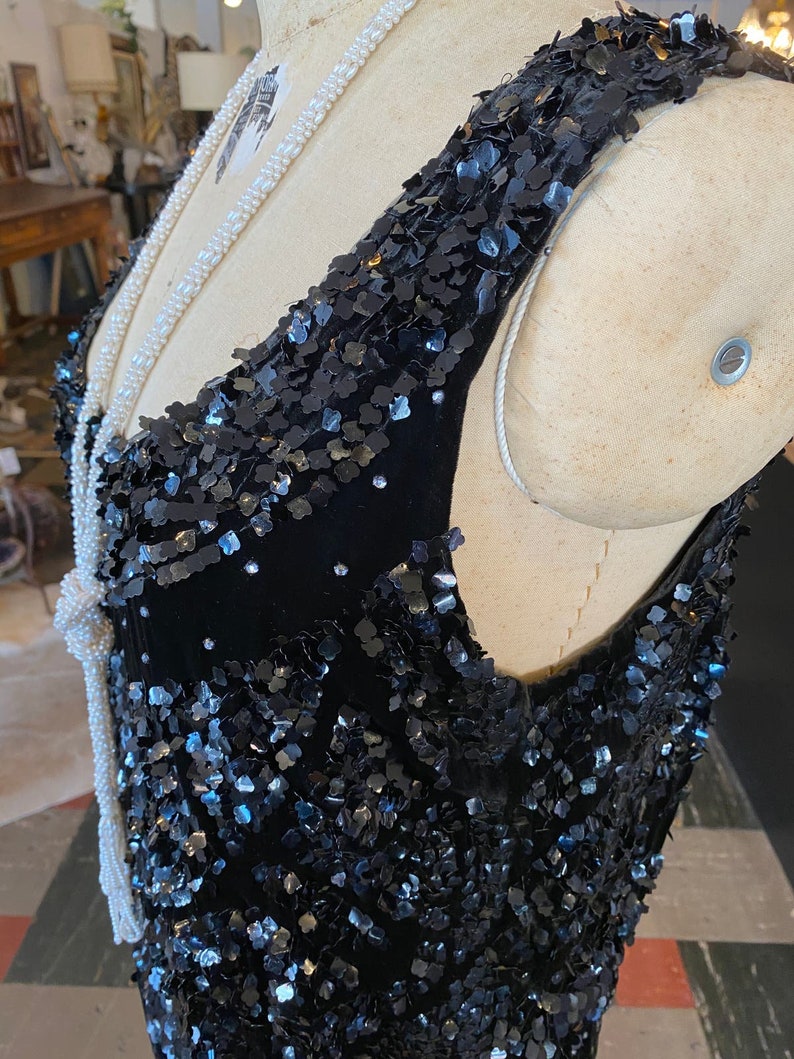 1920s sequin dress, black velvet, vintage flapper dress, size large, peaky blinders, sleeveless shift, 38 image 5