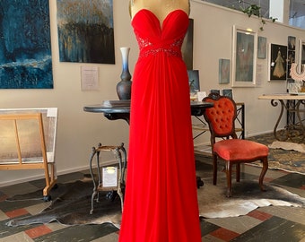 red beaded formal gown, strapless holiday dress, sheer mesh, lace appliqués, size x-small, draped train, 1990s prom dress, 2000s fashion