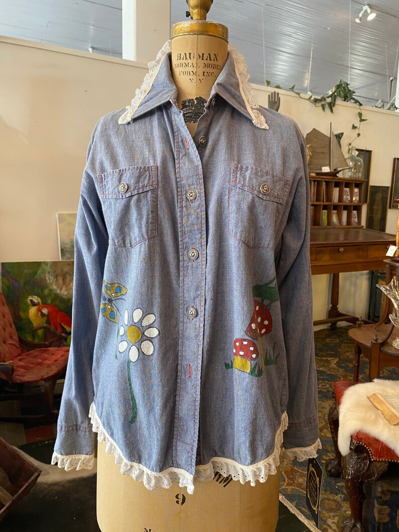 1960s hand painted shirt, chambray blouse, vintage 60s button up, mushroom and insects, bug novelty print, medium image 3