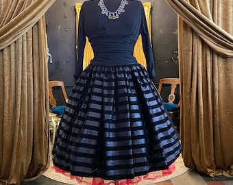 1950s party dress, black striped satin, vintage 50s dress, fit and flare, mrs maisel style, x-small, flocked velvet, boat neck, full skirt