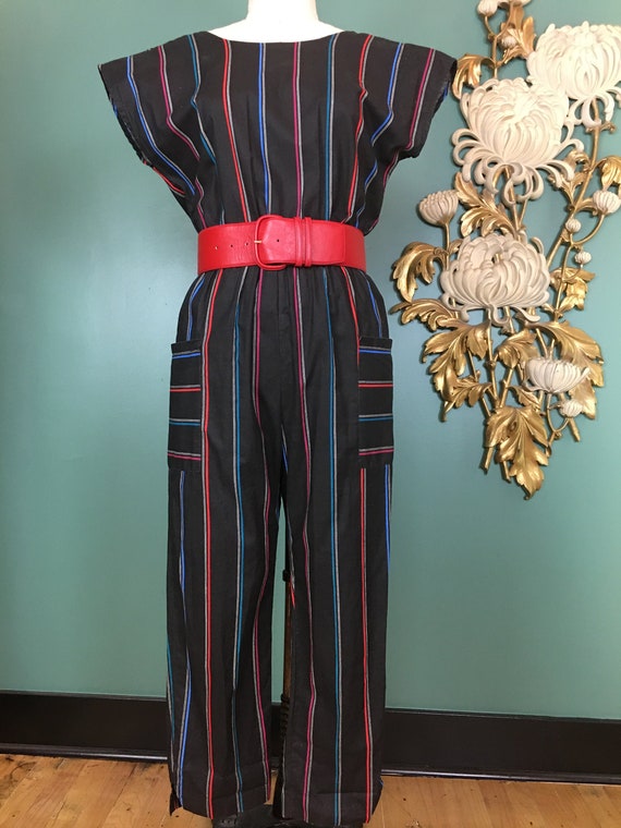 Vintage 80s jumpsuit, stripe cotton jumpsuit, 1980