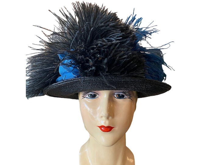 Edwardian Feather Hat, Teal and Black, Early 1900s Millinery, Wide Brim ...