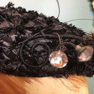 1950s black hat, pillbox hat, vintage hat, gothic hat, winklemans, rhinestones and feathers, mid century, statement, funky hat, rockabilly image 3