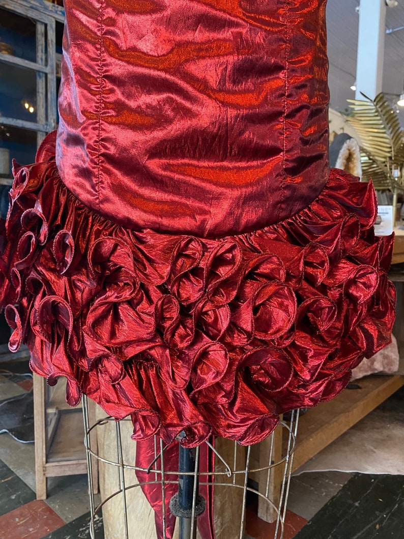 1980s prom dress, red metallic lame', vintage 80s dress, ruched bows, mike benet, strapless cocktail dress, x-small image 3