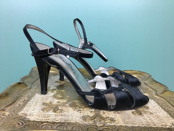 Garolini shoes, black satin heels, 1970s scrappy s