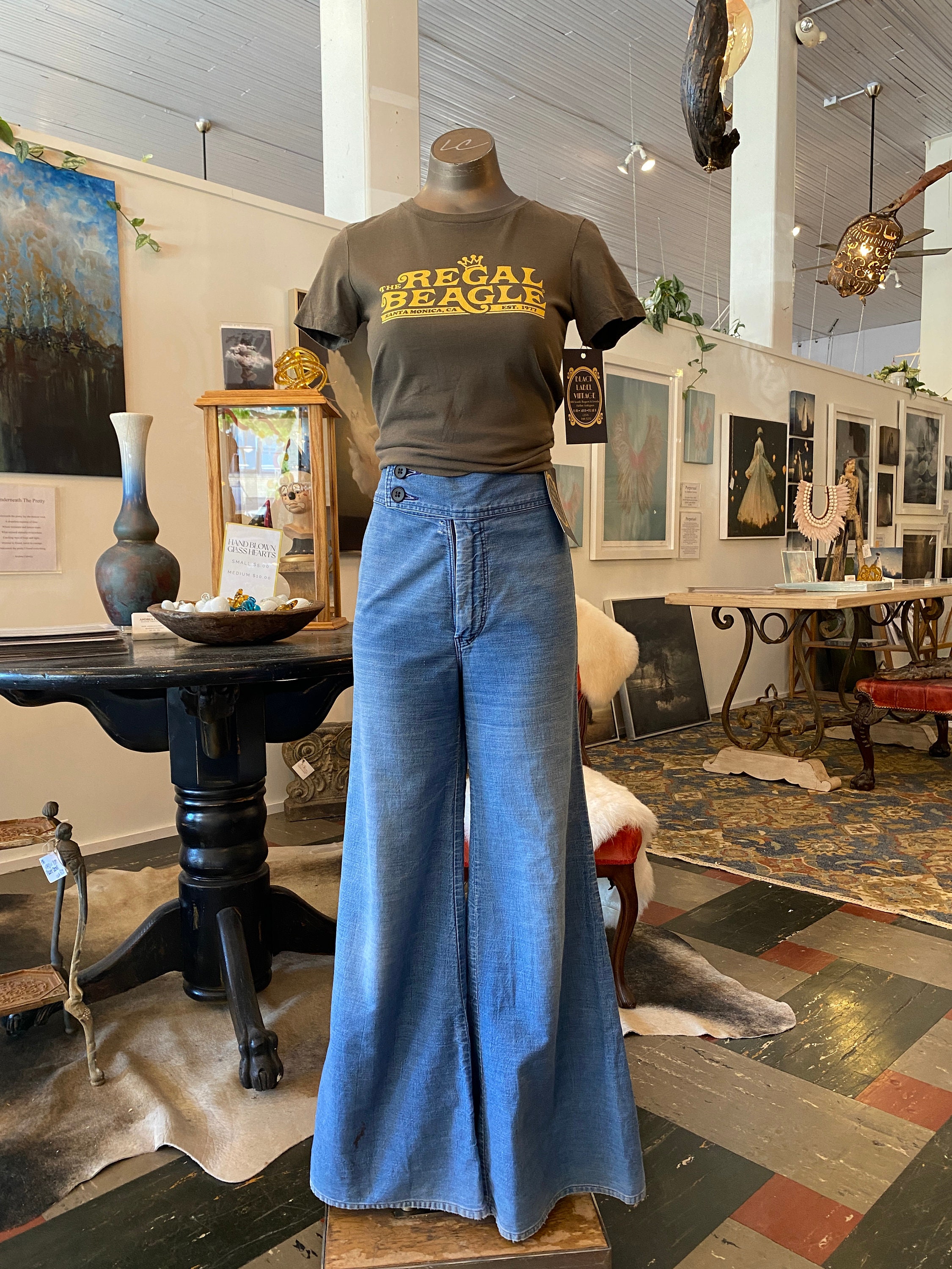 1970s wide leg jeans, high waist, vintage bellbottoms, flared jeans, worn  denim, hippie pants, bohemian style, pocketless, 26 waist, boho