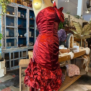 1980s prom dress, red metallic lame', vintage 80s dress, ruched bows, mike benet, strapless cocktail dress, x-small image 4