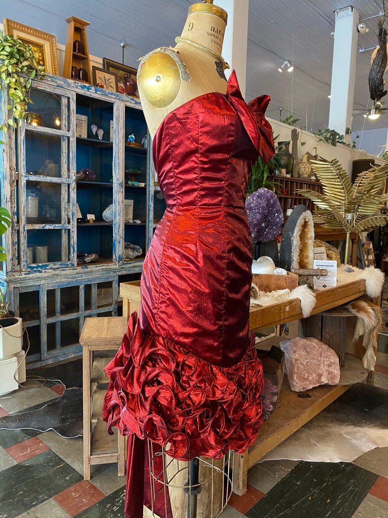 1980s prom dress, red metallic lame', vintage 80s dress, ruched bows, mike benet, strapless cocktail dress, x-small image 4