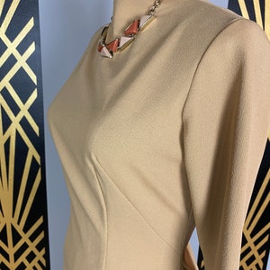 1960s wiggle dress, tan polyester, slim fit, vintage 60s dress, hourglass dress, long sleeve, size medium, simple, classic, high neck, 28 image 6