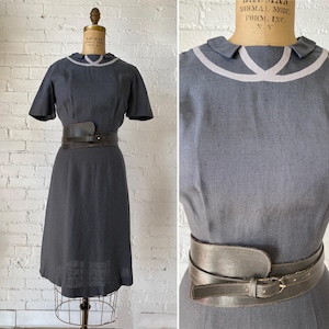 Vintage 1950s gray linen wiggle dress trompe l'oeil classic 50s fashion mid century Doncaster moygashel med