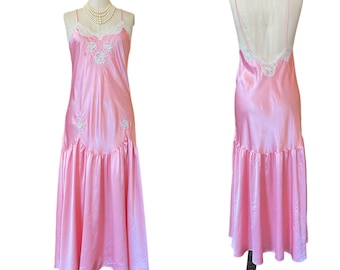 1980s nightgown, pink satin, vintage lingerie, drop waist, flapper style, low back, 1920s style nightie, applique lace, medium, Sara Beth