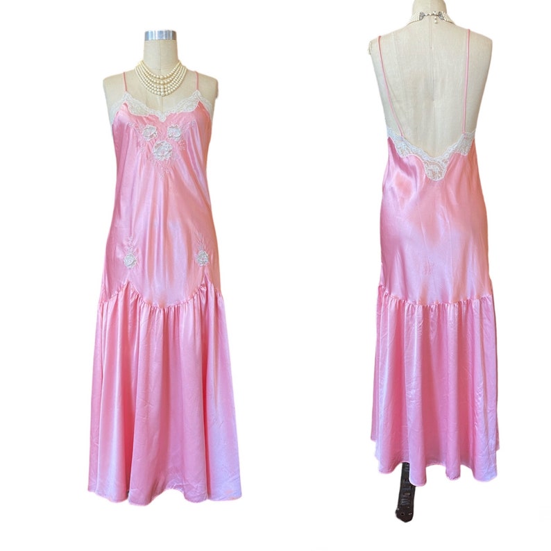 1980s nightgown, pink satin, vintage lingerie, drop waist, flapper style, low back, 1920s style nightie, applique lace, medium, Sara Beth image 1