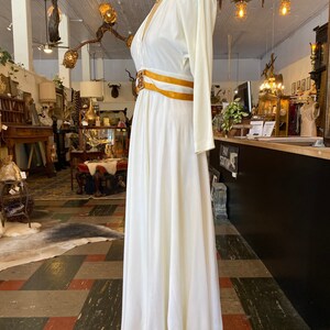 1970s maxi dress, vintage evening gown, white and gold, jeweled belt, rhinestone dress, x-small, mod hostess image 7