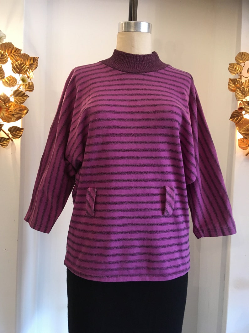 dolman sleeves vintage 80s top size medium 1980s purple top black and purple striped belted top mockneck 1980s long sleeve t shirt