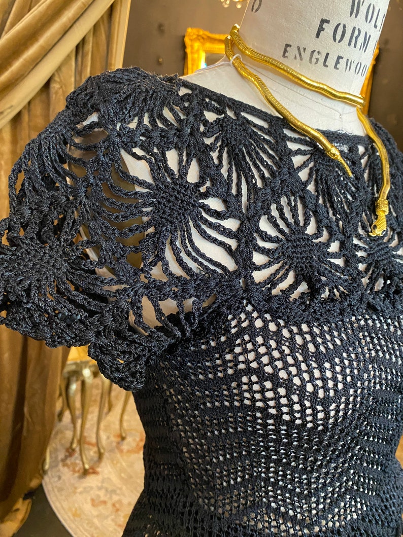 RESERVED Oscar de la renta knits, black crochet, 1970s designer, 70s does 20s, sheer knit, spider web, flapper style, see through image 10