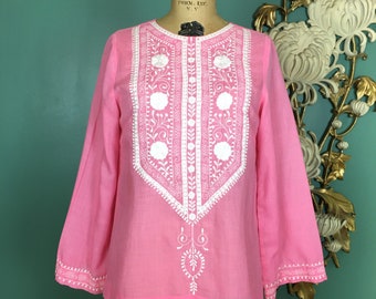 1970s hippie blouse, pink and white cotton, embroidered top, vintage tunic, small medium, bohemian, Philippines, boho style, festival, 34