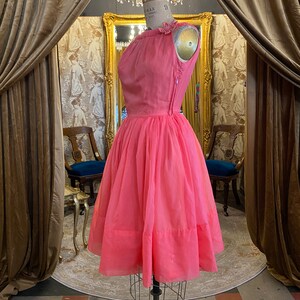 1950s party dress, hot pink chiffon, fit and flare, vintage prom dress, mrs maisel, x small, full skirt, rockabilly, 25 26 waist, 50s formal 画像 9