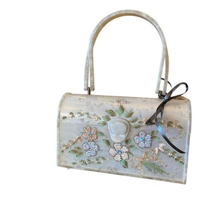 1950s lucite purse, hand painted, vintage 50s handbag, pearlescent white, beaded 3-D rhinestone flowers, rockabilly, mrs maisel, collectible