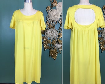 1970s nightgown, backless, yellow nylon, vintage nightie, flutter sleeve, size large, 1970s lingerie, open back, 38 bust, vintage sleepwear